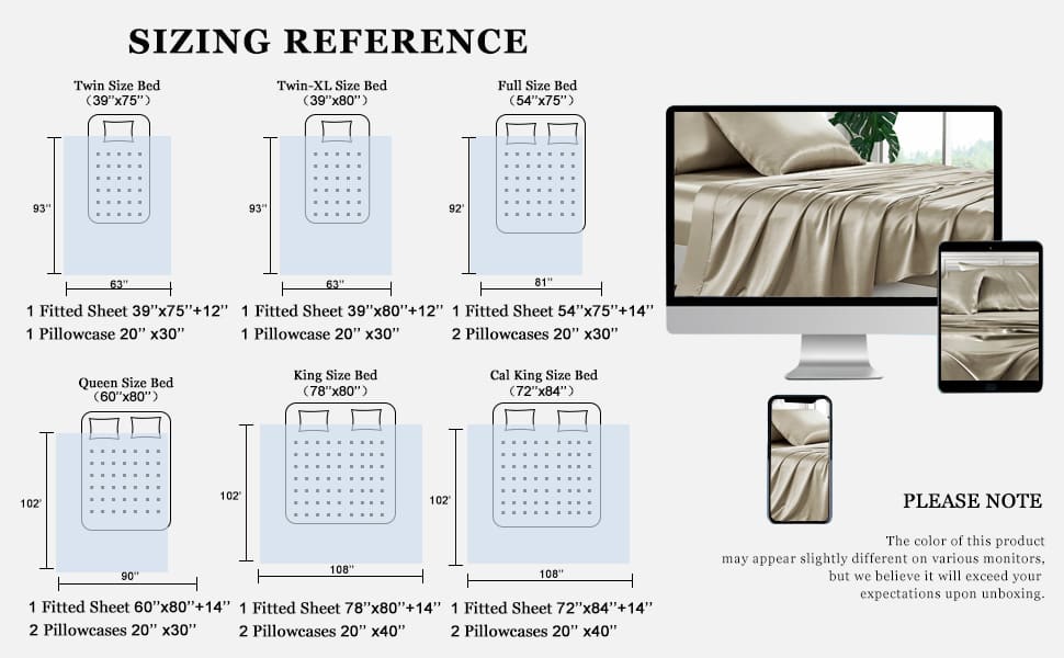 Size reference showing the details of each size.