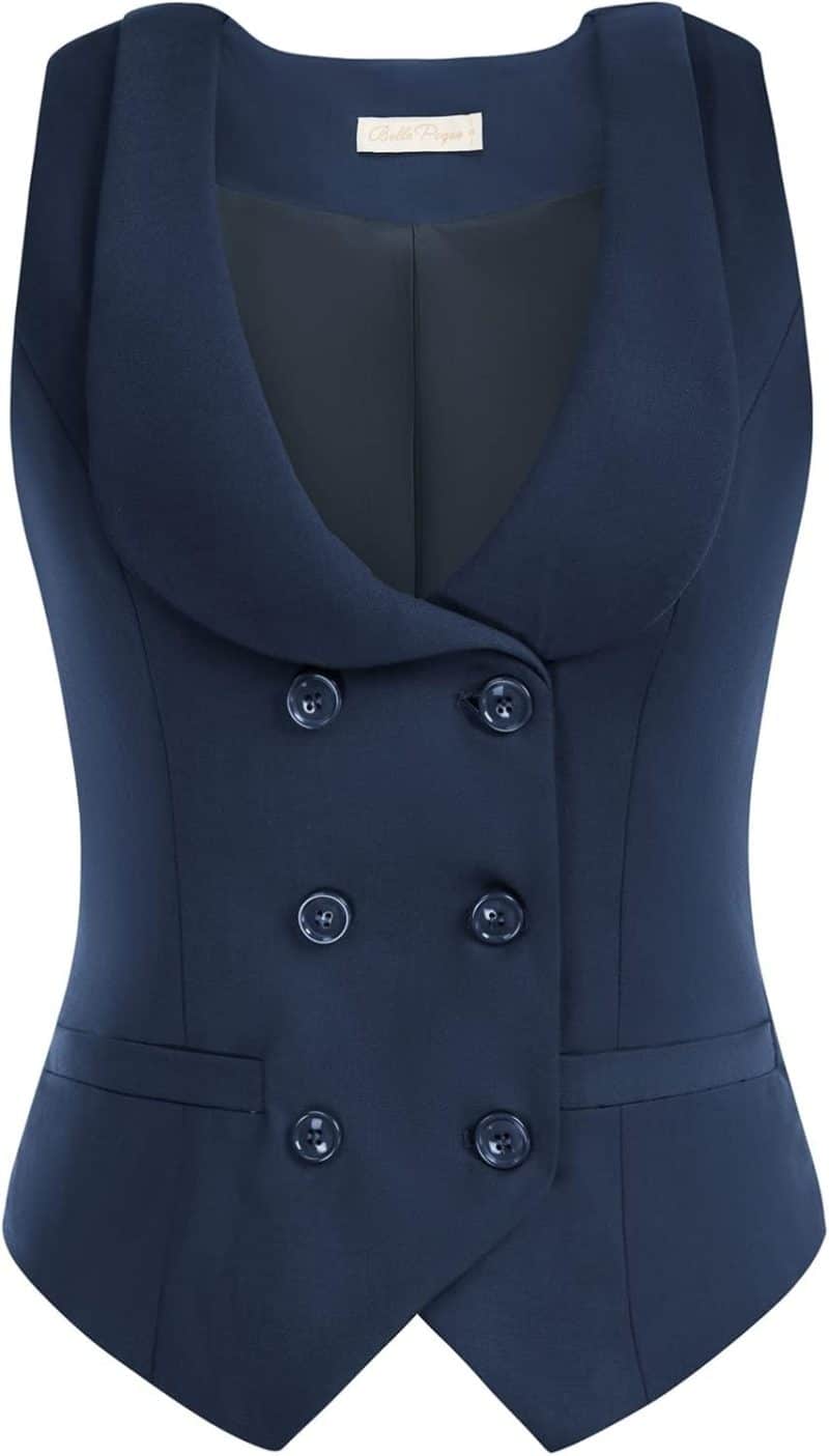 Belle Poque Women Double Breasted Waistcoat Vintage Lapel Collar Vest Coat with 2 Pockets - Image 2