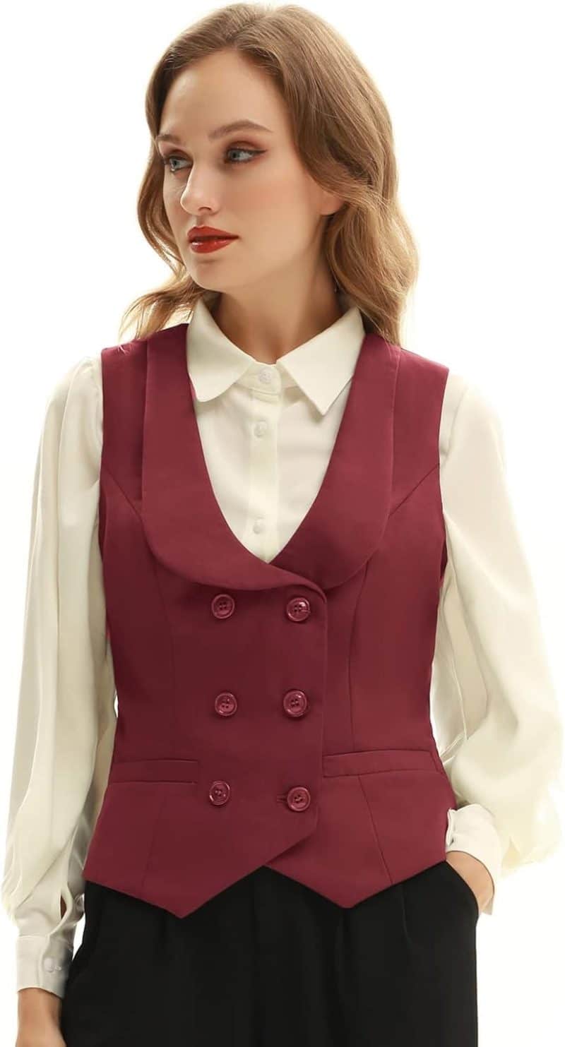 Belle Poque Women Double Breasted Waistcoat Vintage Lapel Collar Vest Coat with 2 Pockets - Image 12