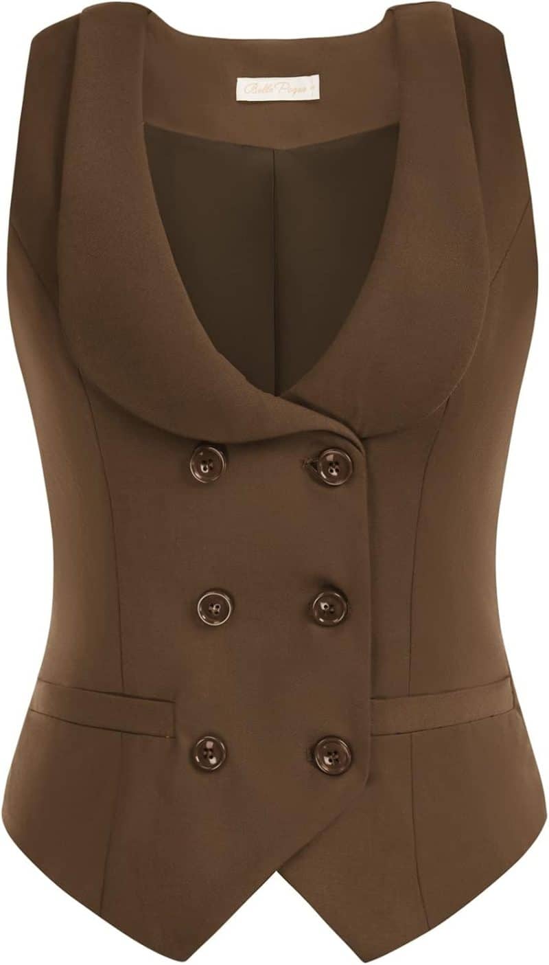 Belle Poque Women Double Breasted Waistcoat Vintage Lapel Collar Vest Coat with 2 Pockets - Image 53