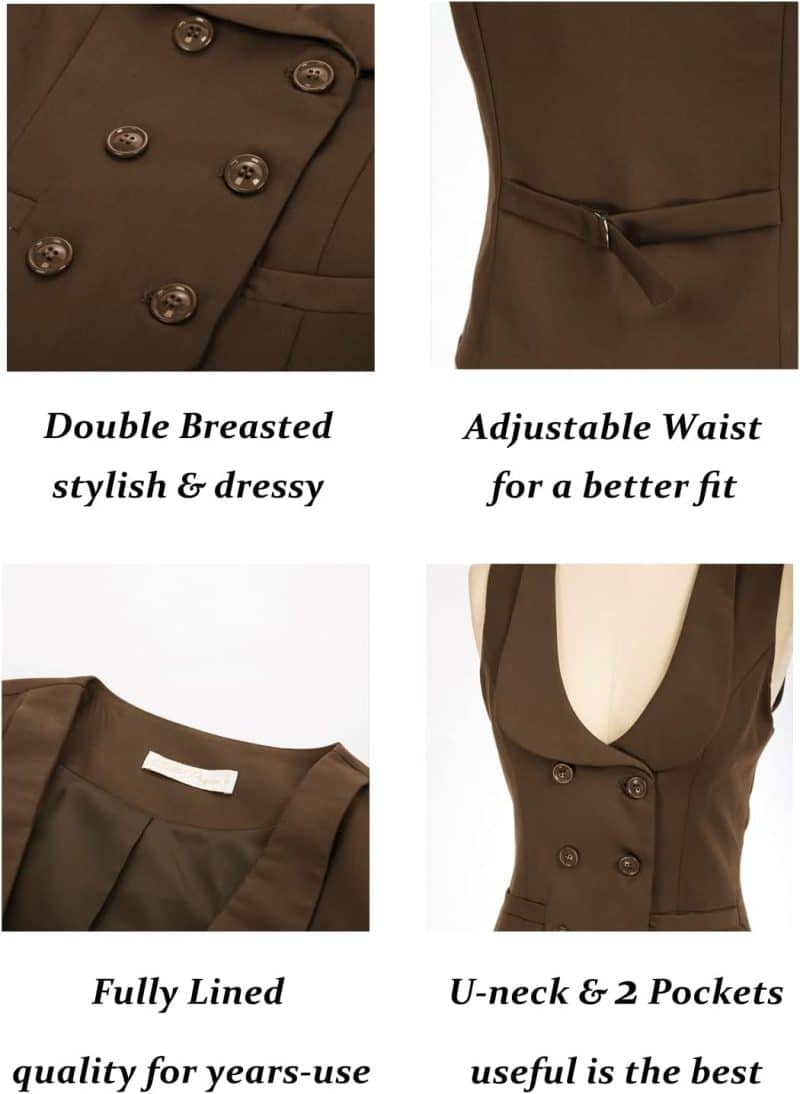 Belle Poque Women Double Breasted Waistcoat Vintage Lapel Collar Vest Coat with 2 Pockets - Image 55