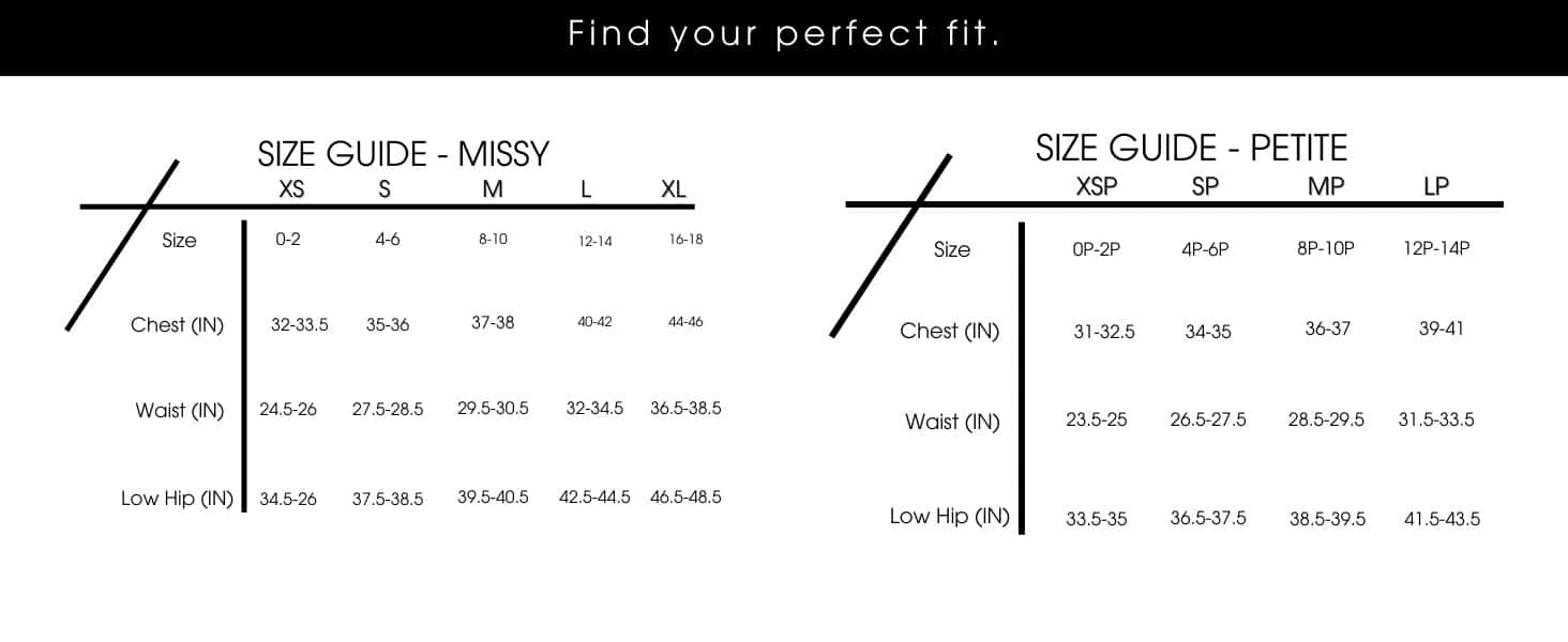 Missy and Petite size guide