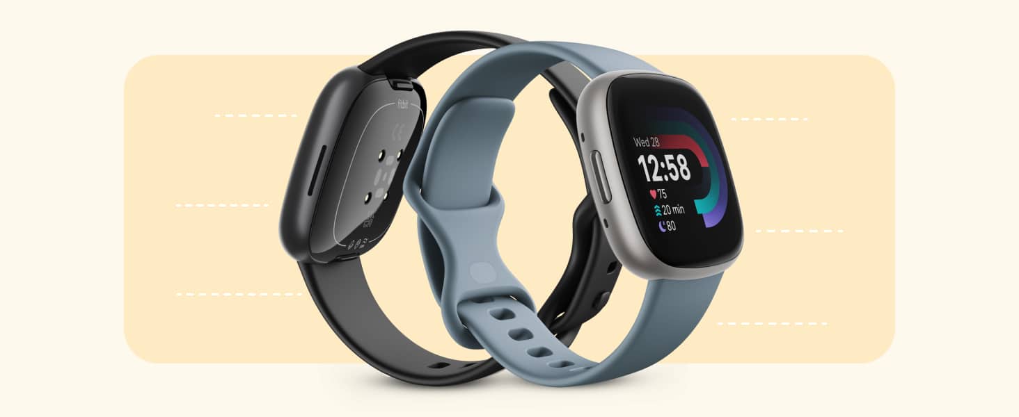 black and blue fitbit versa 4s on yellow background